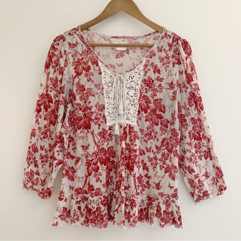 Denim & Supply Ralph Lauren Floral Mesh & Lace Up Top Medium Coastal Cowgirl